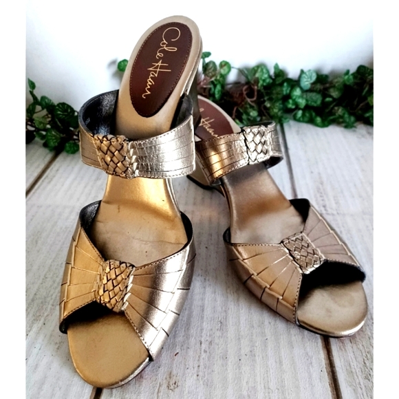 Cole Haan Open Toe Leather Straps Slide On Wedge Sandal - Gold Metallic - Picture 14 of 15